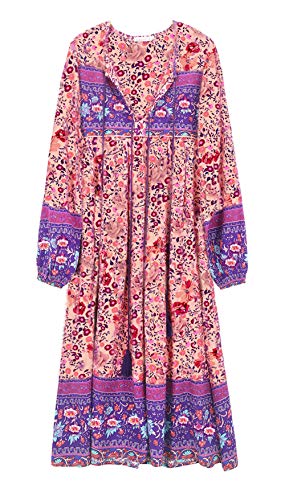 R.Vivimos Women's Long Sleeve Floral Print Retro V Neck Tassel Bohemian Midi Dresses (Small, Pink)