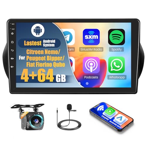 Inefala 4+64G Car Radio for Citroen Nemo/Peugeot Bipper/Fiat Fiorino Qubo 2008-2017 Android 15 with Wireless CarPlay Android Radio, 10 Inch Car Screen with Bluetooth WIFI GPS FM/RDS 32EQ SWC