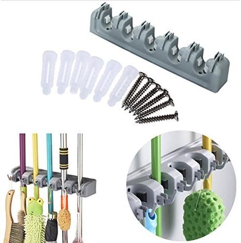 Mop and Broom Holders with 5 Ball Slots and 6 Hook,Non Slide Broom Storage,Storage Solutions for Broom Hangers,Garage Storage Systems Broom Organizer ABS Plastic,1 Pack(Gray)