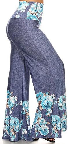 Fashiondio Women's Plus Size Wide Leg Boho Style Palazzo Pants, 3XL, DENIM FLOWER