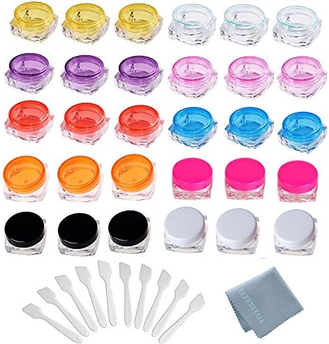 Elfenstall- 20pcs 5 Gram Jar Cosmetic Sample Empty Container, Plastic, colorful Screw Cap Lid, Small Tiny 5g Bottle with Mask/Cream Spatula for Make Up, Eye Shadow, Nails, Powder, Gems, Beads, Jewelry
