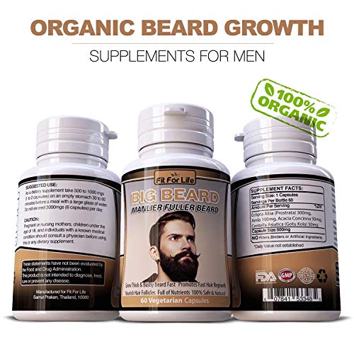 Organic Beard Growth Vitamins for Men – Manlier, Thicker, Fuller Facial Hair Supplement – Fast Full Beard Grow With 60 Vegetarian, Essential Nutrients Capsules