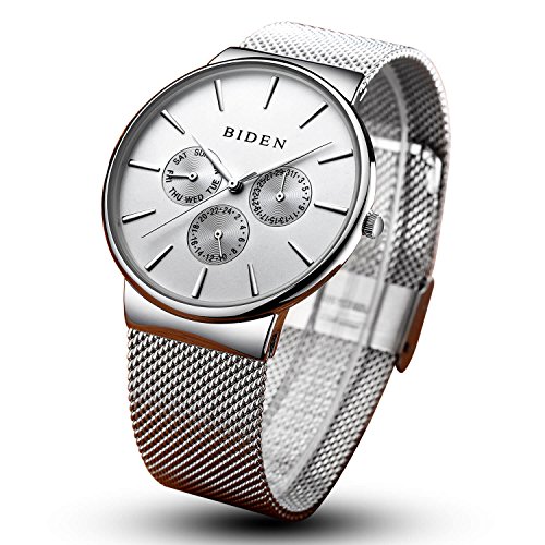 Men's 24 Hour Calendar Week Waterproof Full Steel Quartz Watches for Men Multifunction Bracelet Wristwatch + Box (silver)