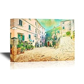 European Town Canvas Wall Art - Watercolor Style Street - Gallery Wrap Modern Home Art | Ready to Hang - 12x18 inches