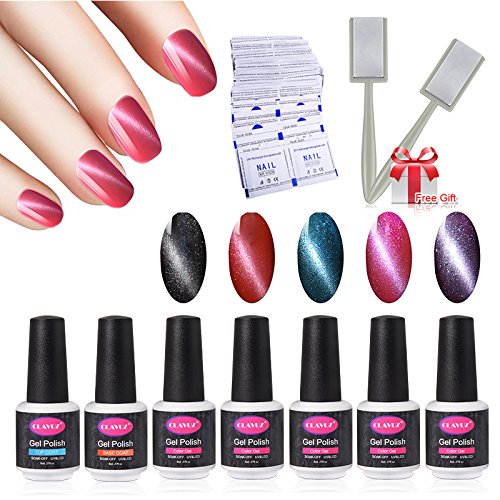 CLAVUZ Magnetic Nail Polish Set 5pcs Gel Polish with Top and Base Coat with 50 pcs Remover Wrap Soak Off UV LED Nail Art Kit 1pc Magic Magnet Stick Free Gift Set DIY Manicure at Home