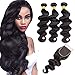 Bex Body Wave Hair Bundles 10 12 14 with 8 inch Closure - 100% Unprocessed Brazilian Human Hair Weave 10a Grade Body Wave Bundles with Closure-Natural Black Color (10 12 14 + 8)