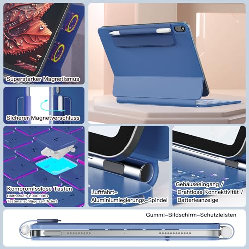 RAYMCRAFT for iPad (A16) 11th 2025/10th Generation Case with Keyboard, Magic Keyboard for iPad 10.9 Inch 2022, 11-Colour Backlight, Multi-Touch Trackpad, Magnetic Stand, Pen Holder, Steel Blue