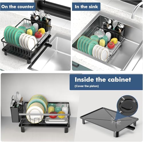 Dish Drying Rack, Space-Saving Dish Rack for Kitchen Counter, Stainless Steel Dish Rack with Cutlery Holder, Removable Dish Drainer, Drainboard and Adjustable Spout for Various Kitchenware,15x11x6.7''