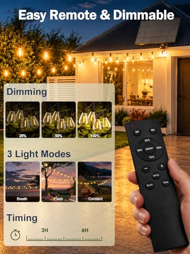 plosim 50FT Solar String Lights Outdoor, Dimmable Patio Lights Solar Powered with Remote & USB Port 18+1 LED Shatterproof Bulbs 3 Light Modes, Waterproof Solar Light for Camping Backyard Garden