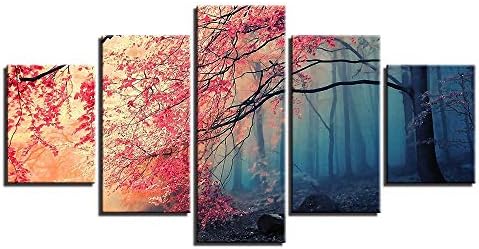 GreatHomeArt Modern Wall Art Canvas for Office Cafe 5 Pieces Cherry Blossoms Pink Prints Pictures Home Decor Red Trees Forest Painting Size 150x80cm Unframed,Canvas Only