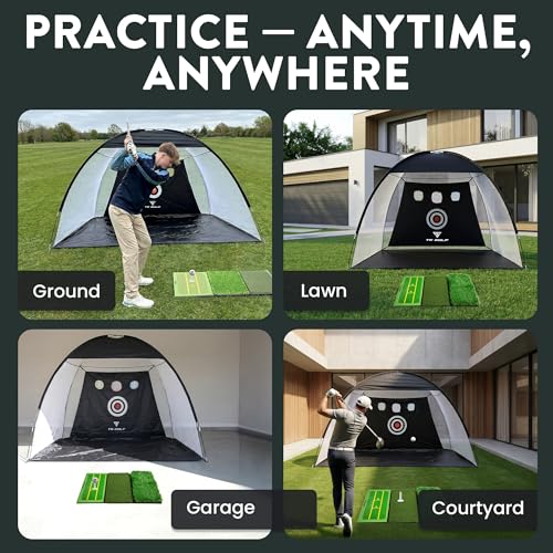 TS Golf Practice Net with Mat & Chipping Target – 3x2.1m Golf Driving Nets for Garden & Indoor Use – Complete Set with Tri-Turf Mat, 5 Balls, 3 Tees & Carry Bag for Golf Practice, chipping game