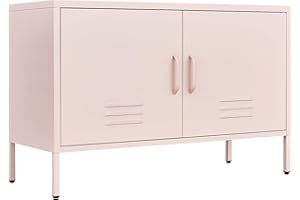IRONFFICE Pink Locker Storage Cabinet,Pink TV Stand with 2 Door,Wide Metal Accent Cabinet,Pink Metal Locker Cabinet,Pink Low Cabinet for Bedroom Home,Office