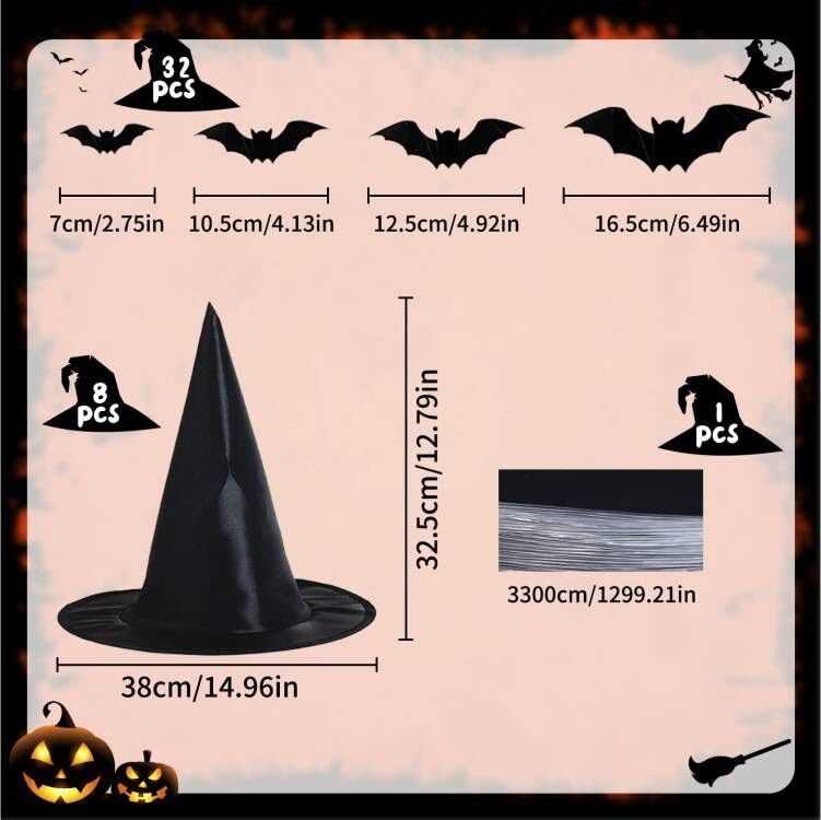 Halloween Decorations Outdoor Indoor - 8PCS Witch Hats & 32PCS 3D Bats Decoration, Witch Hat, Witches Hat, Halloween Decor for Party Favors, Party Supplies, Porch Decor