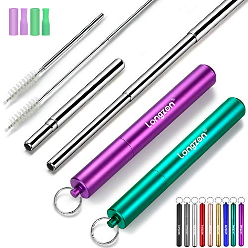 Longzon 2 Pack Telescopic Metal Straws - Reusable, Portable, Collapsible Stainless Steel Drinking Straws with 2 Aluminum Key-chain Case & 2 Cleaning Brushes for Travel - (Purple/Green)