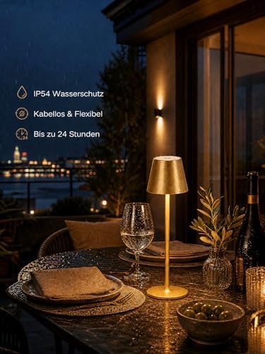 2 Stück LED Dimmbare Akku Tischlampe Kabellose, Wiederaufladbar Warme Lichtfarbe 3000K Tischleuchte Für Innen und Aussen mit USB-C, Aluminium, IP54 Wasserdichte (golden)