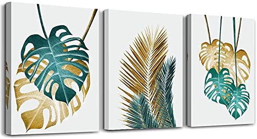 MHARTK66 Monstera Deliciosa Canvas Wall Art for Living Room, Modern Artwork Plants Pictures Golden Green Bathroom Bedroom Wall Decor, Family Prints Paintings Wall Decorations Hallway Kitchen Office