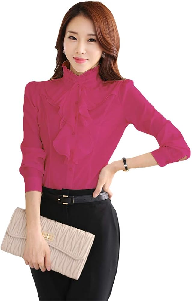 ezShe Women's Stand Up Collar Lotus Ruffle Satin Shirt Blouse