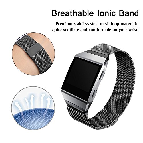 Fitbit Ionic Smart Strap Product Men's & Women's Complete Magnetic Closure Retainer Ring Milan Stainless Steel Metal Ion Sport Belt Fitbit Ion Smartwatch Accessory Black - Thumbnail 3