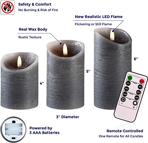 Venta Set of 3 Realistic Flameless Grey LED Candles with Remote Control - 4'' 5'' 6'' Electric Wickless Pillar Battery Operated Candles with Flickering Flame Timer - Thumbnail 2