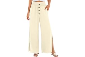 TWRWX Summer Pants for Women 2024 Linen Pants High Elastic Waist Pants Button Flowy Wide Leg Pants Side Split Palazzo Pants