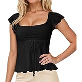 FWSAM Women Trendy Square Neck Cap Sleeve Peplum Top Y2k Lace Up Layered Lettuce Trim Flared Ruffle Hem Tee Shirt