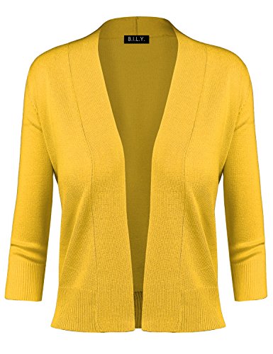BILY Women's Classic Open Front Cropped Cardigan Yellow Large