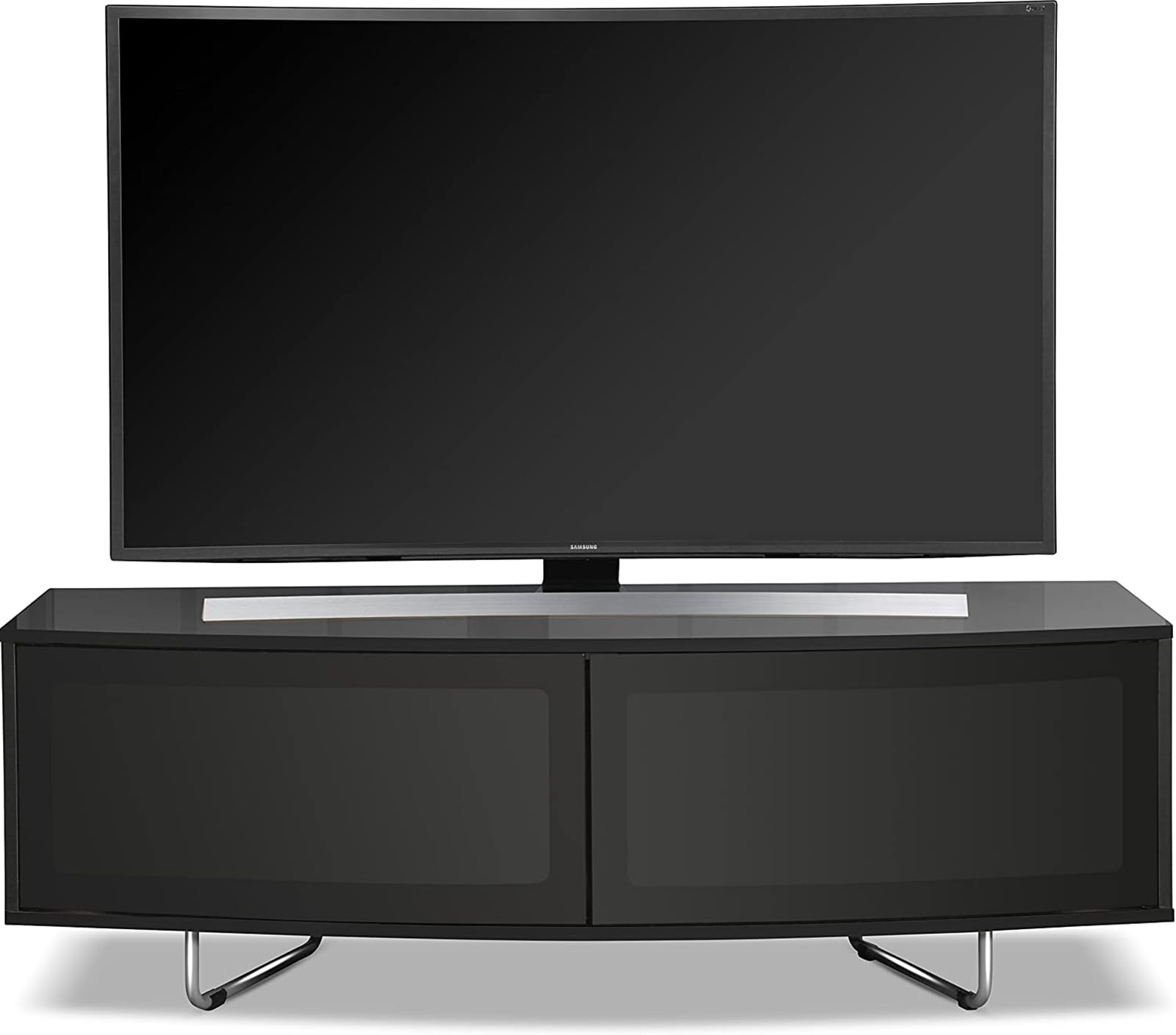Homeology Caru Gloss Black Beam-Thru Remote Friendly Super-Contemporary D Shape Design 32"-65" LED/OLED/LCD TV Cabinet