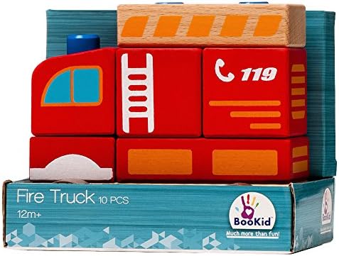 BooKid Durable and Colorful Wooden Toy Firetruck Educational Toys for Toddlers - Set Includes 10 Pieces