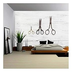 Three Scissors on White Wooden Table - Removable Wall Mural | Self-Adhesive Large Wallpaper - 66x96 inches