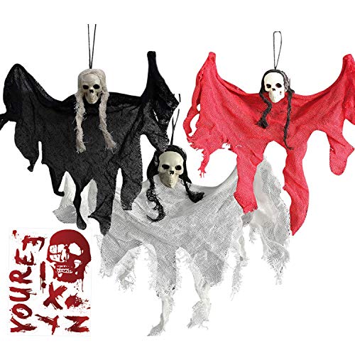 Inno-Huntz Halloween Party Ghost Decor Scary Ghost Wall Hanging Decoration Realistic Skeleton Skull Face Grim Reaper Prop Indoor Outdoor Patio Décor (Set of 3)