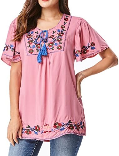 in2you Bohemian Mexican Floral Embroidered Tunic Top with Relaxed Short Ruffled Sleeves (M/L, Daiquiri Pink)