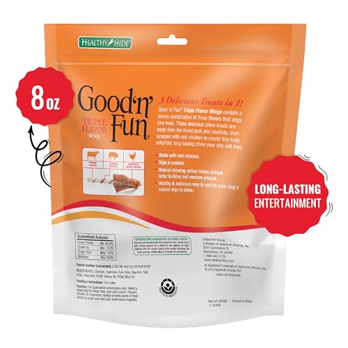 GOOD ‘N’ FUN TRIPLE FLAVOR WINGS CHEWS FOR ALL DOGS, 8 OUNCES, TREAT YOUR DOG TO LONG-LASTING CHEWS MADE WITH CHICKEN, BEEF HIDE AND PORK HIDE