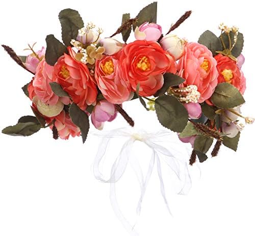 Folora Adjustable Flower Headband Hair Wreath Floral Garland Crown Headpiece with Ribbon for Wedding Ceremony Party Festival