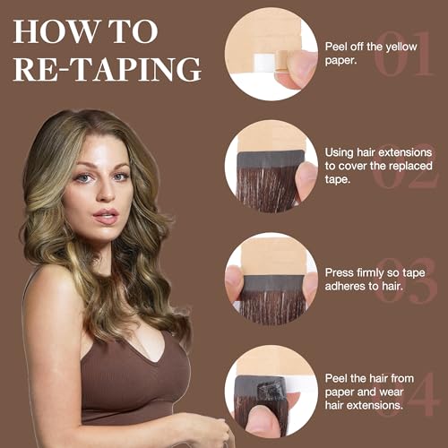 GOO GOO Adhesive Hair Extensions Natural Hair, 40 cm 10pcs 25 g Walnut Brown to Ash Brown and Whitish Blonde Hair Extensions, Remy Hair Extensions Natural Real Human Hair