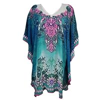 Mogul Women's Kaftan Loose Short Beach Dress Swimsuit Cover Up Caftan (Blue-1)