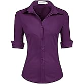 HOTOUCH Womens 3/4 Sleeve Button Down Shirt Slim Fit Work Blouses Cotton Dress Shirts Office Tops