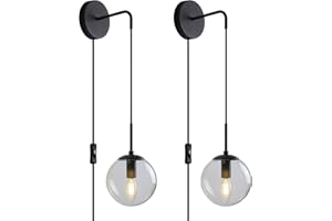 KUZZULL Wall Sconces Set of Two Black Plug in Wall Sconces Set of 2 with Globe Clear Glass Shade Wall Lights Wall Lamps for Bedrooms Sconces Wall Decor Set of 2 with Plug in Cord Switch for Bedside