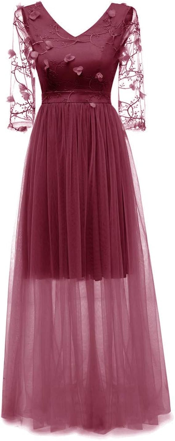 Amazon 女性のドレス 三番目の店 レディース 披露宴 忘年会 正式の 結婚式 パーティー 花嫁 花嫁介添人 プリンセスドレス 深いvネック ロングスリーブ ワンピース スカート ヴィンテージ レース Aラインドレス スイングドレス パーティードレス 通販