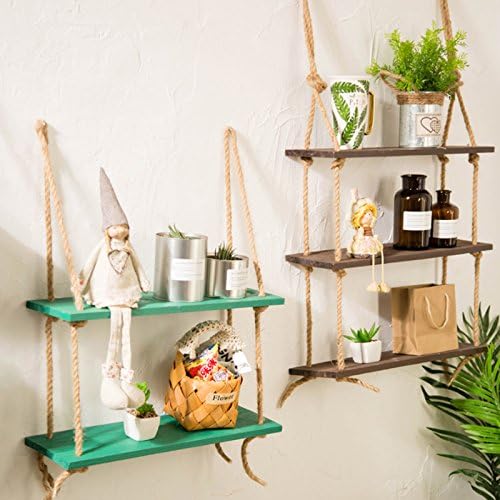KINGSO Macrame Display Wall Hanging Shelf Swing Rope Floating Shelves Home Decor,Distressed Wood Hanging Swing Rope Floating Shelves Wood Suspended Hanging Shelf blue three layers