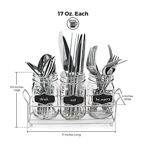 3-pc Mason Jar Flatware Caddies - 17 Oz. Vintage Clear Glass Utensil Organizer with Black Chalk Label on Metal Caddy with Handles - Lightweight Space-Saver Home and Party Drinkware Set - Thumbnail 3