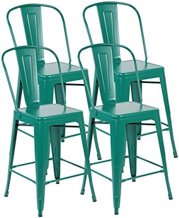 United Chair Tolix Style Metal Stackable Bistro Cafe Bar stools with Back Set of 4 Matt Green 3007-MG-4