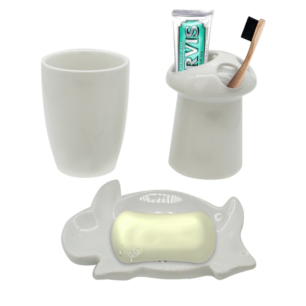 Zeewoo Badezimmer Set Toiletten Badset Badgarnitur 5-TLG Seifenspender, Becher, Seifenschale, Zahnbürsten Halter, Niedlichen Stil Kaninchen Form Badezimmer Dekoration und Home Geschenk Set, Weiß