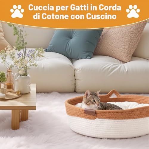 Zocipro Cotton Rope Cat Bed with Cushion, 46 x 46 x 16 cm, Large Round Washable Bed with Ball Toy in Cotton Rope
