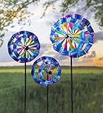 Plow & Hearth Colorful Ruffled Garden Wind Spinner, Set of 3 (Small, Medium, and Large) - Powder Coated All Weather Finish - Durable Steel Construction - Some Assembly Required - Metal Garden Art