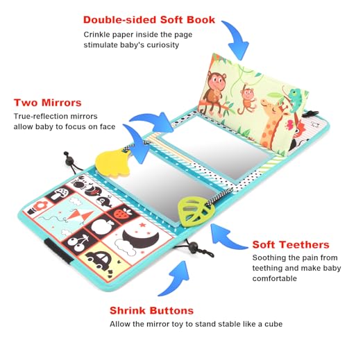 Joyfia Tummy Time Baby Mirror Toys Baby Toys 0-6 Months, Floor Mirror with Crinkle Cloth Book & Teethers, Double-sided Black and White High Contrast Toy, Infant Sensory Toys for Newborn 0-12 Months