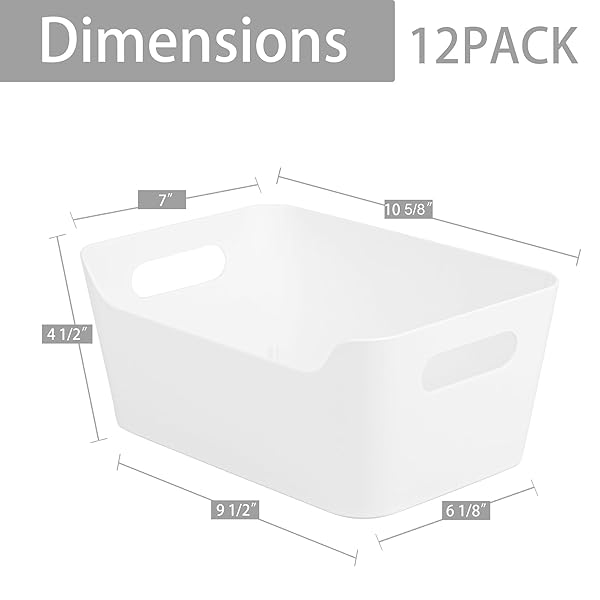 TIAWUDI 12 PACK STORAGE BINS, PLASTIC STORAGE CONTAINERS, MULTI-USE WHITE ORGANIZER BINS FOR CABINET, PANTRY, DRAWER, CLOSET, COUNTERTOP OR SHELVES
