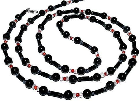 Black &amp; red extra long necklace; Petrified wood, onyx, quartz, coral opera rope necklace; Handmade in Washington State;