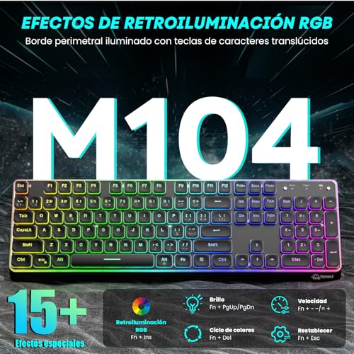 Free wolf M104 Teclado Inalámbrico RGB, Teclas Silenciosas para Conectividad 2.4G/Bluetooth/USB con Cable, Resistente Derrames, Teclado Recargable de Tamaño Completo 104 Teclas para PC y Mac (Negro)