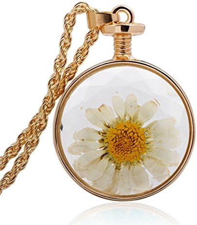 Adorable Woman Dried Flos Chrysanthemi Circular Glass Bottle Pendant Gold Chain Necklace,Lobster Clasp