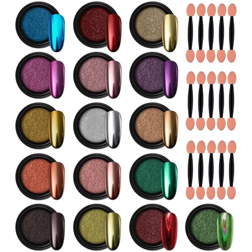 Artdone 16 Jars Chrome Nail Pearl Powder Silver and Gold Mirror Iridescent Aurora Metallic Nail Pigment Pearlescent Mermaid Pigment Pearl Dust Kit, Nail Art Decoration, Acrylic Resin Craft